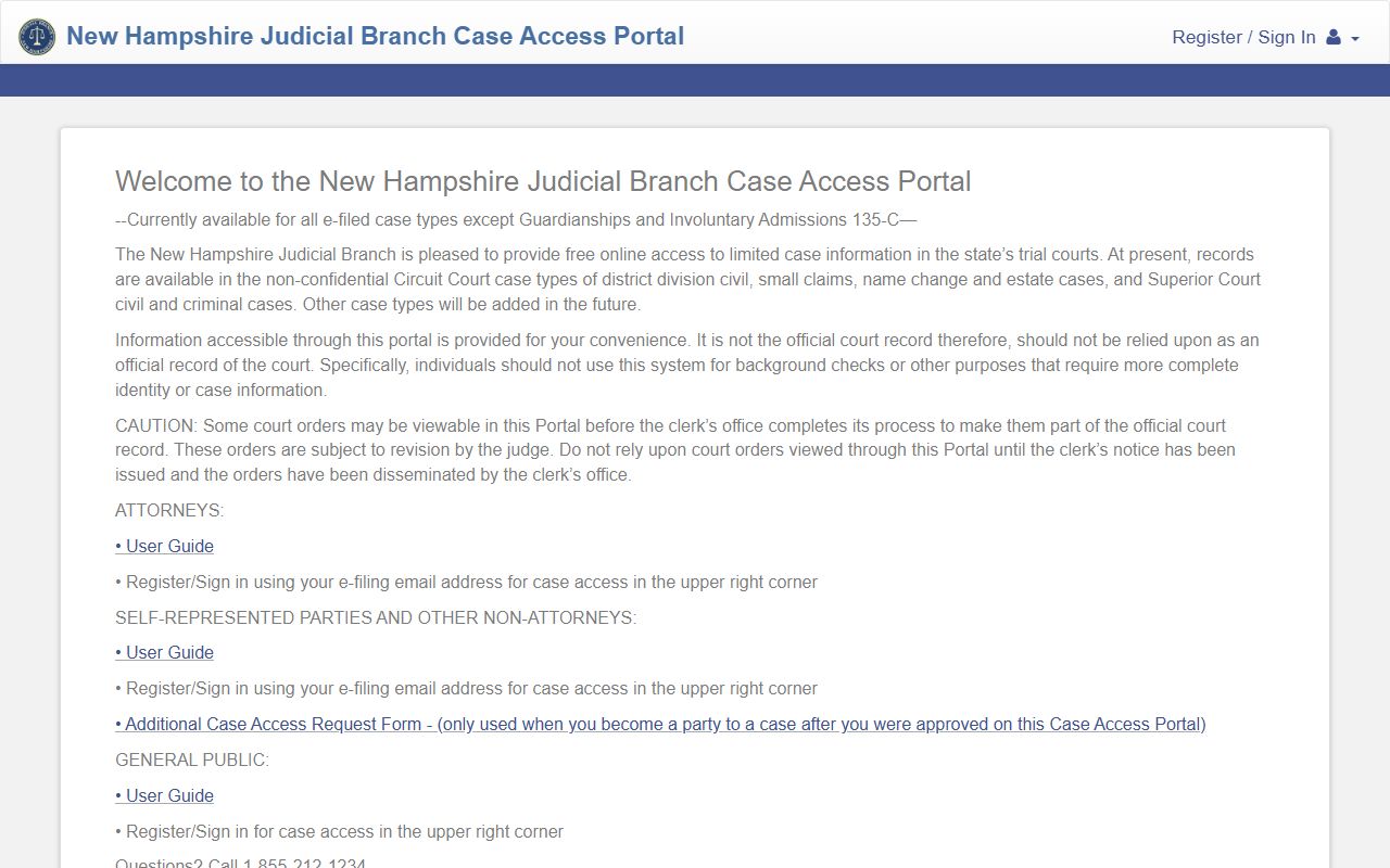 Hillsborough County court records search on the New Hampshire Judicial Branch Case Access Portal