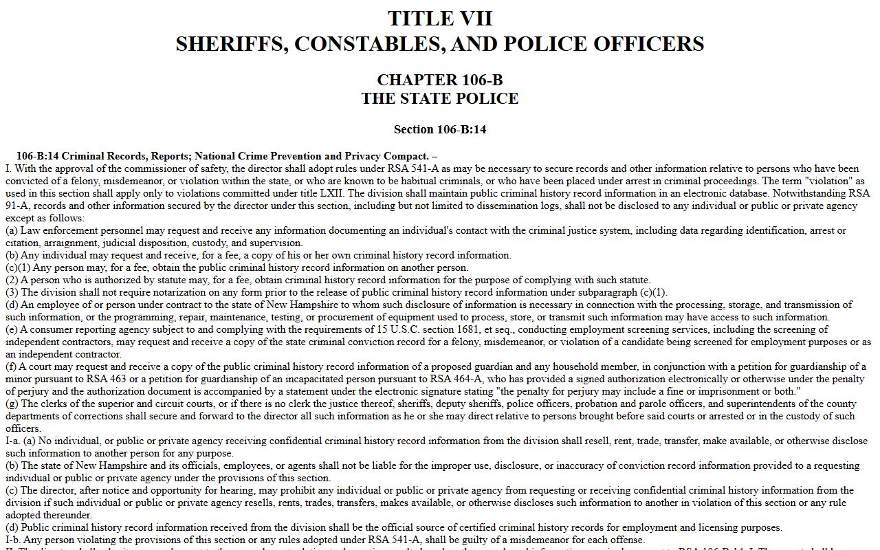 New Hampshire statute RSA 106-B:14 governing Hillsborough County criminal history record access