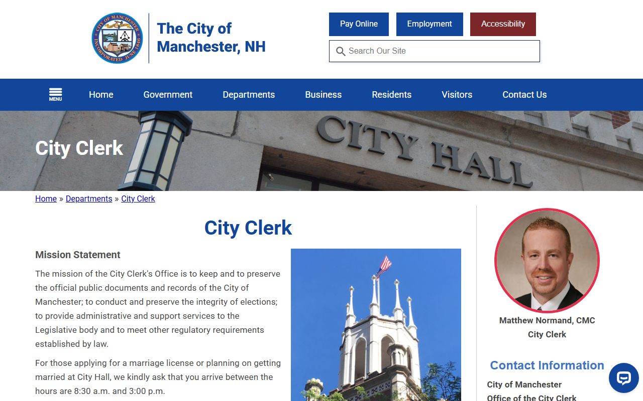 Manchester City Clerk page for Hillsborough County marriage and vital records